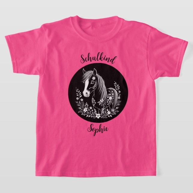 Schulkind - Pony mit Blumen - schwarz weiß | T Shirt (Laydown)