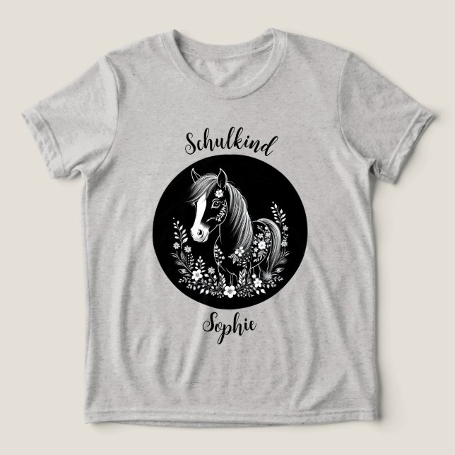 Schulkind - Pony mit Blumen - schwarz weiß | T Shirt (Design Framsida)