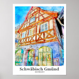 Schwabisch GmbH Tyskland Travel Watercolor Poster