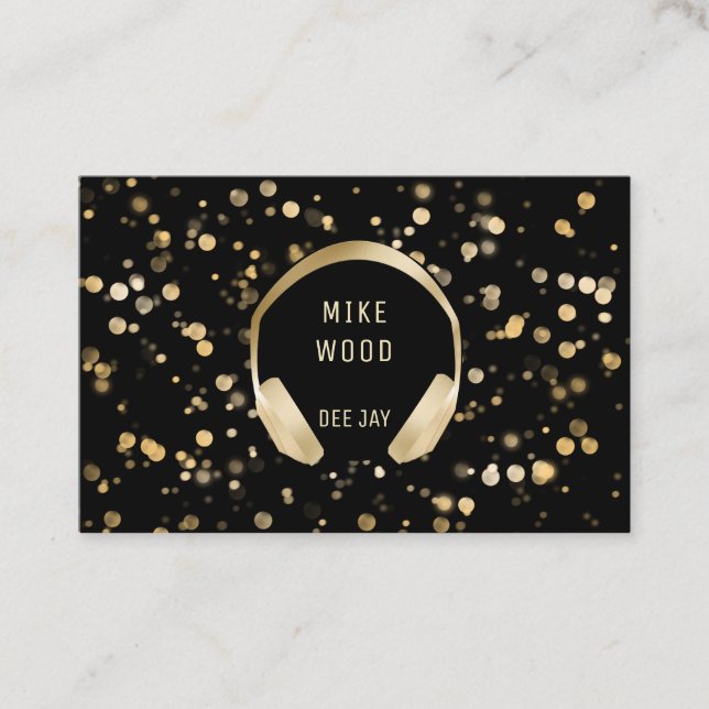 Schwarz Guld Bokeh Kopfhörer DJ Visitenkarte Visitkort (Framsida)