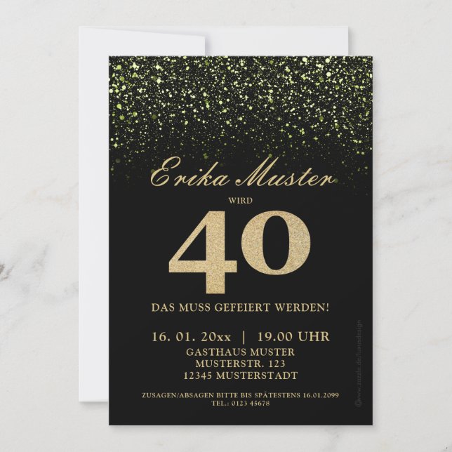 Schwarze Gold-Glitzer Einladungen 40. Geburtstag Inbjudningar (Framsida)