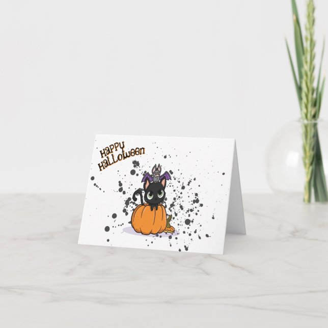 Schwarze Halloween-Katze | Happy Halloween Kort (Framsida)