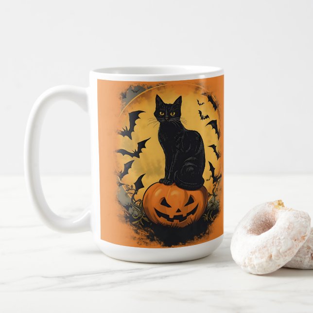 Schwarze Katze auf Halloween-Kürbis Kaffemugg (Med munk)
