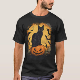 Schwarze Katze auf Halloween-Kürbis T Shirt