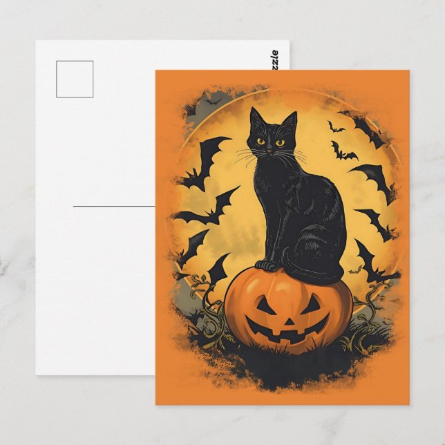 Schwarze Katze auf Halloween-Kürbis Vykort (Fram/baksida)