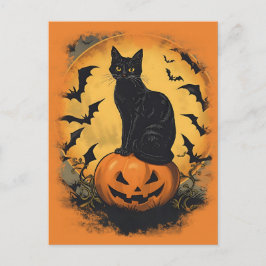 Schwarze Katze auf Halloween-Kürbis Vykort