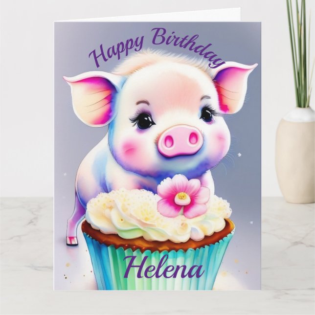 Schwein mit cupcake Wasserfarbenbild Kort (Framsida)