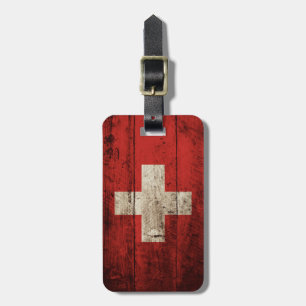 Schweitz flagga på gammalt Wood korn Bagagebricka
