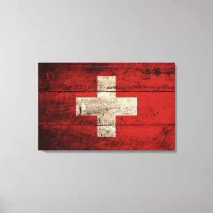 Schweitz flagga på gammalt Wood korn Canvastryck