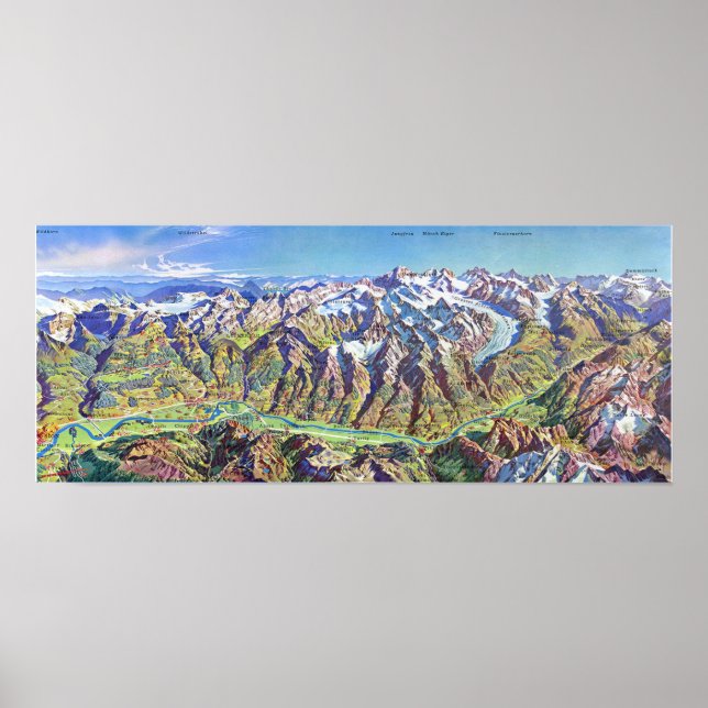 " Schweiz: 1960er/heute - Wallis Panoramakarte Poster (Framsidan)