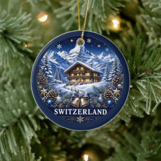 Schweiz Chalet Vacker Souvenir Julgransprydnad Keramik