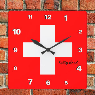 Schweiz Clock, patriotiskt hem, Schweiz Flagga Fyrkantig Klocka