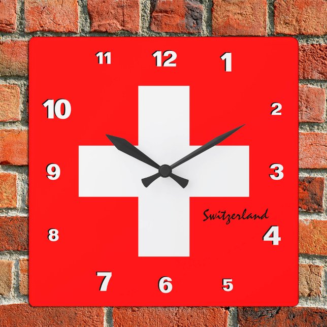 Schweiz Clock, patriotiskt hem, Schweiz Flagga Fyrkantig Klocka (Skapare uppladdad)