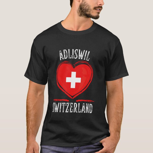 Schweiz Flagga Hjärta Adliswil Stad T Shirt (Framsida)
