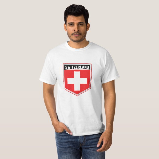 Schweiz Flagga Shield T Shirt (Hel framsida)