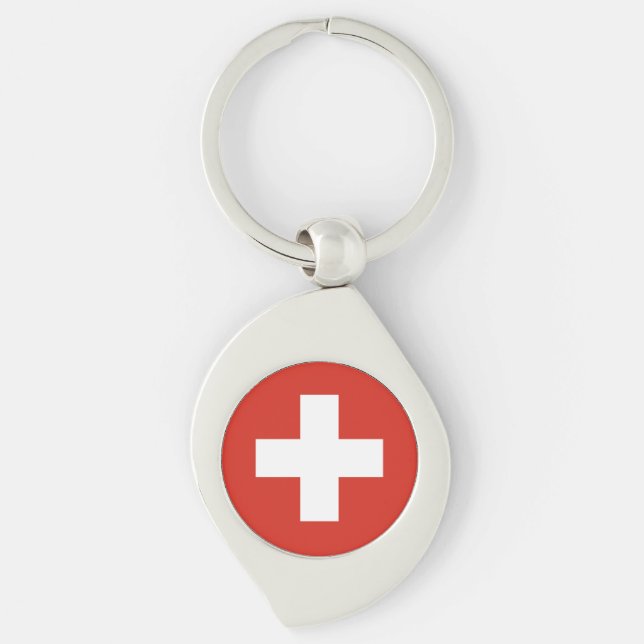 Schweiz Flagga Swirl Silverfärgad Nyckelring (Framsidan)