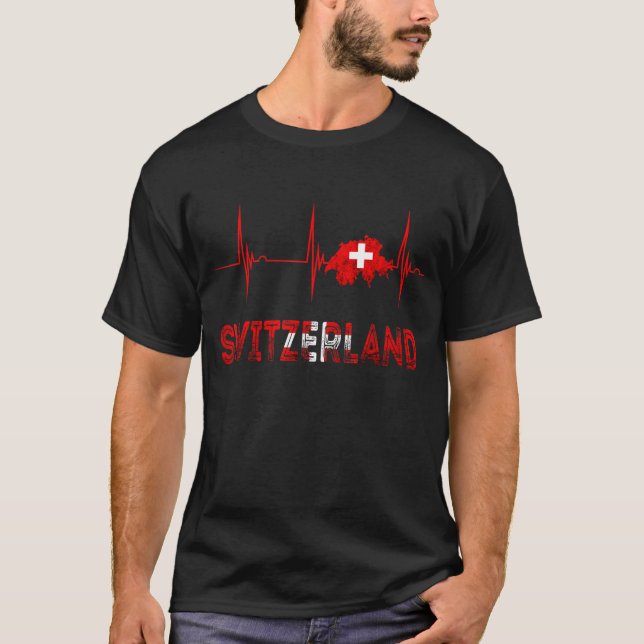 Schweiz Heartslag EKG Pulse Schweiz Schweiz Flagga T Shirt (Framsida)