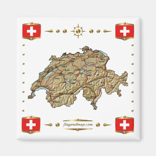 Schweiz Karta + Flaggor Magnet