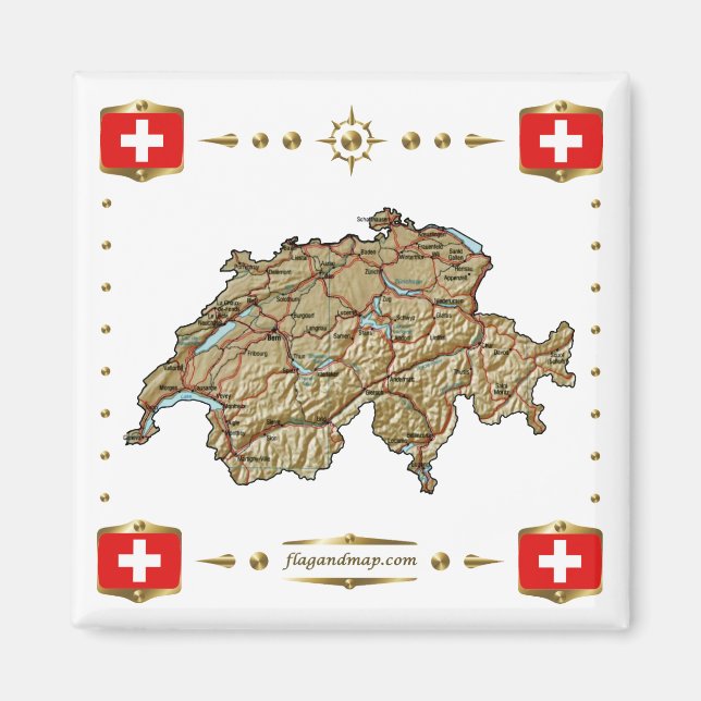 Schweiz Karta + Flaggor Magnet (Framsidan)