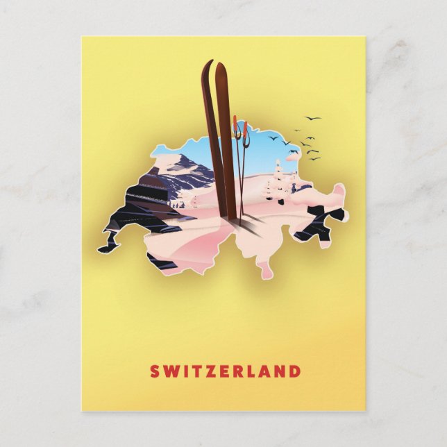 Schweiz karta Ski-reseaffisch. Vykort (Framsida)