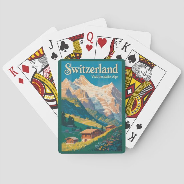 Schweiz Landskapsillustration Resa Konst Casinokort (Baksidan)