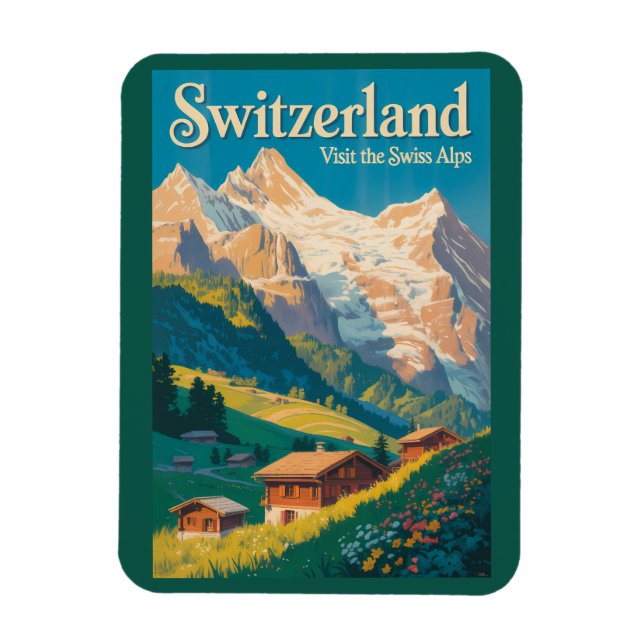 Schweiz Landskapsillustration Resa Konst Magnet (Vertikal)