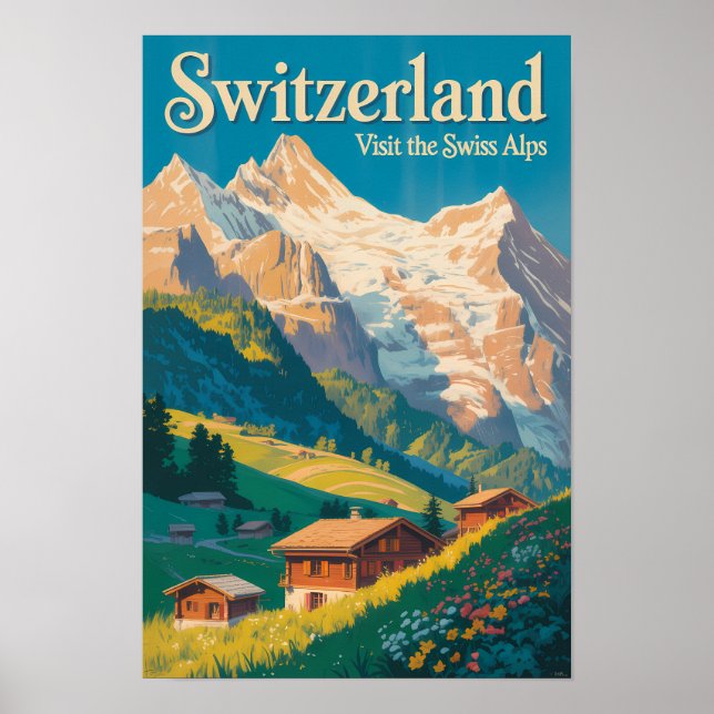 Schweiz Landskapsillustration Resa Konst Poster (Framsidan)