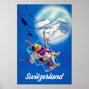 Schweiz, Lycklig Ski par på kabelbil Poster