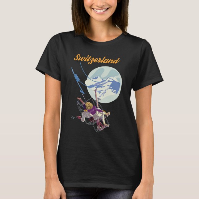 Schweiz Månljust Ski Retro Resa T-Shirt (Framsida)