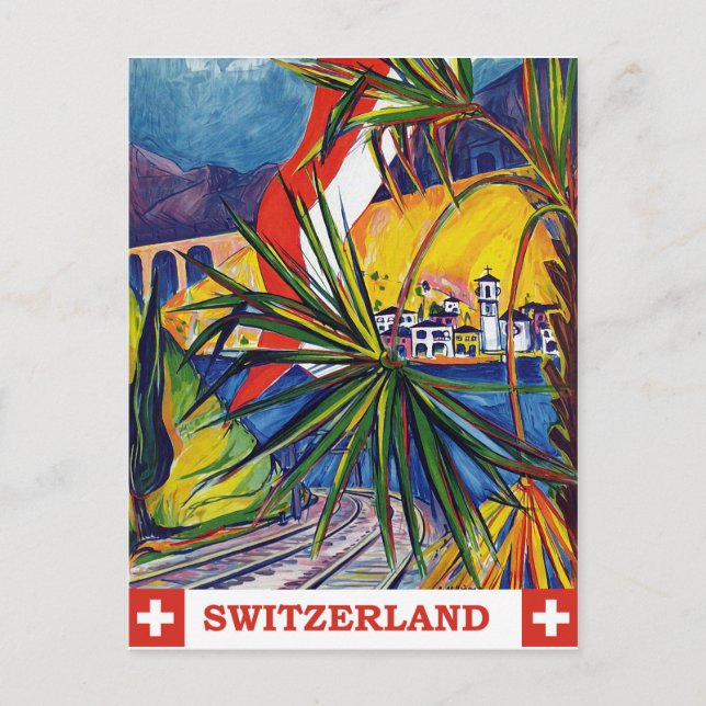 Schweiz med tåg, vintage resor vykort (Framsida)