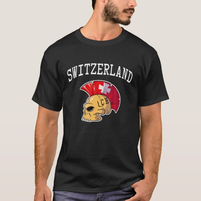 Schweiz Mohawk Skull Design Sport Supporter Su T Shirt (Framsida)