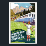 Schweiz Montreux-Bernese Oberland Railway Poster<br><div class="desc">En reseaffisch som visar en flicka som viker till passagerare på tåg och går förbi en by i ett berg i Schweiz. Bildens proportioner är 2:3. Observera att våra återställda poster är bäst på Zazzle.</div>