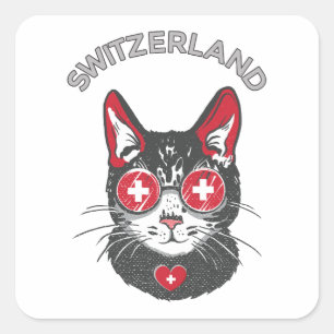Schweiz Oceaner Cat Mascot Swiss Fläkt flagga Fyrkantigt Klistermärke