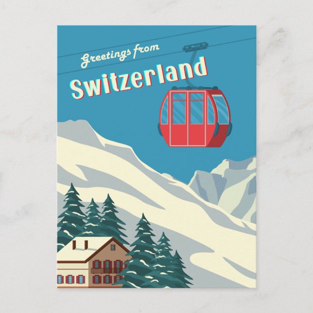 Schweiz Retro Snöig Bergbana Vykort (Framsida)