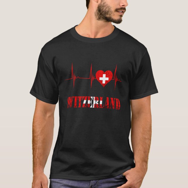 Schweiz Swiss Flagga Hjärtslag EKG Pulse S T Shirt (Framsida)