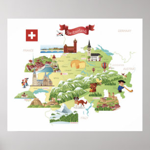 Schweiz Tecknad Karta Poster
