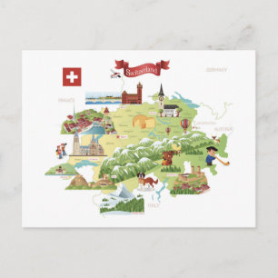 Schweiz Tecknad Karta Vykort