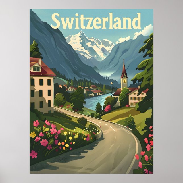 Schweiz Tranquilitet: Lakeside Retreat Alpine Poster (Framsidan)