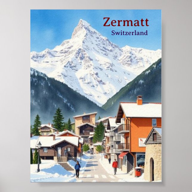 Schweiz Zermatt vintage semester vattenfärg Poster (Framsidan)