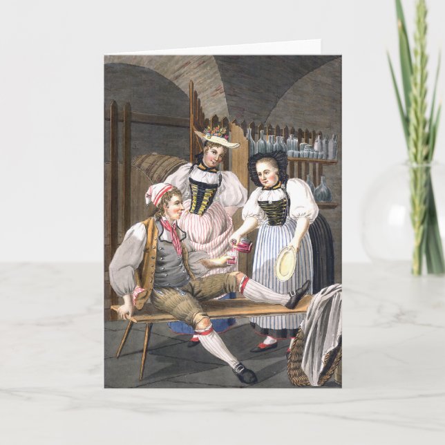 Schweizisk flicka som serverar Vin till en Handsom Kort (Framsida)