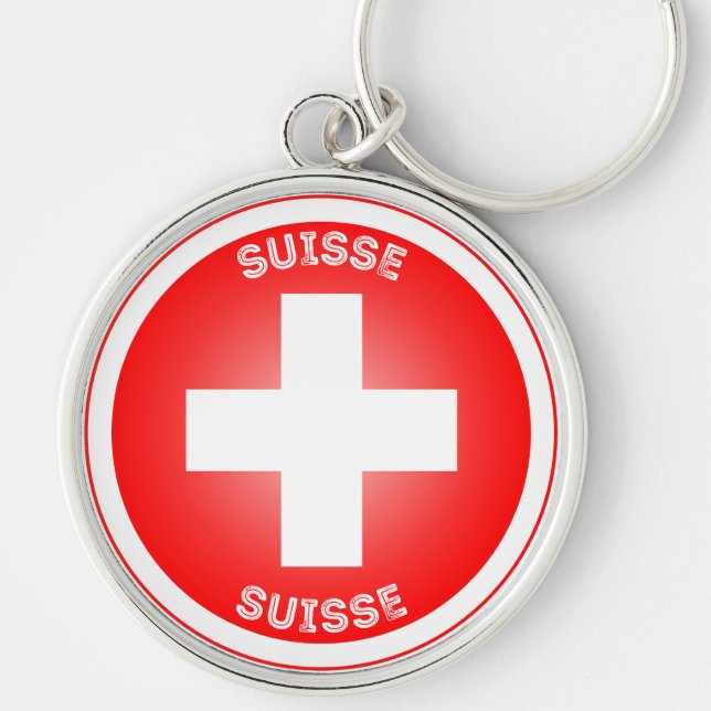 Schweizisk kors Suisse cirkelform Rund Silverfärgad Nyckelring (Framsidan)