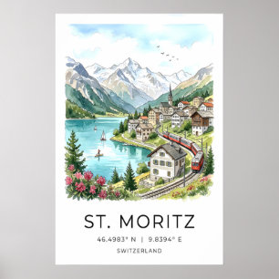 Schweizisk landskaps konst St Moritz Akvarell - Al Poster