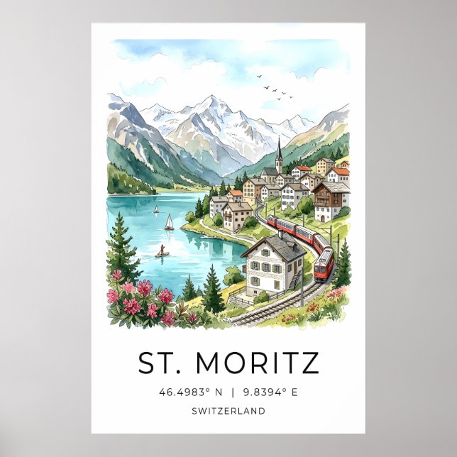 Schweizisk landskaps konst St Moritz Akvarell - Al Poster (Framsidan)