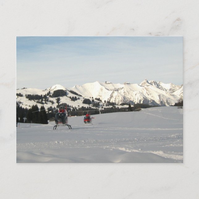 Schweizisk scen med turisthelikoptrar vykort (Framsida)
