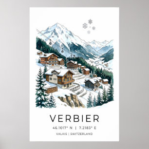Schweizisk skidbyaffisch, snöiga stugor, linbana poster