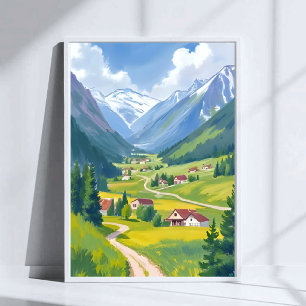Schweiziska Alperna Akvarell Berg Resa Målning Poster