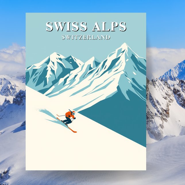Schweiziska Alperna Skidresa Vykort (Swiss Alps Skiing Travel Postcard)