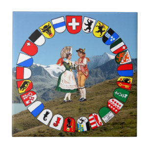 Schweiziska berg, schweiziska kantoner och folkdan kakelplatta