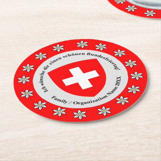Schweiziska nationaldagen Schweiz Flagga Edelweiss Underlägg Papper Rund (Vinklad)