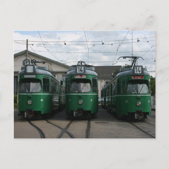 Schweiziska trams vid BVB M-Parc-depån, Basel Vykort (Framsida)